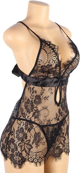 Sexy Lingerie - Erotische Kanten Babydoll met Satijnen Strik op achterkant met bijpassende Kanten String - Sexy Teddy - Neglige - Erotiek - kleur Zwart - Maat M-L — thumbnail 4