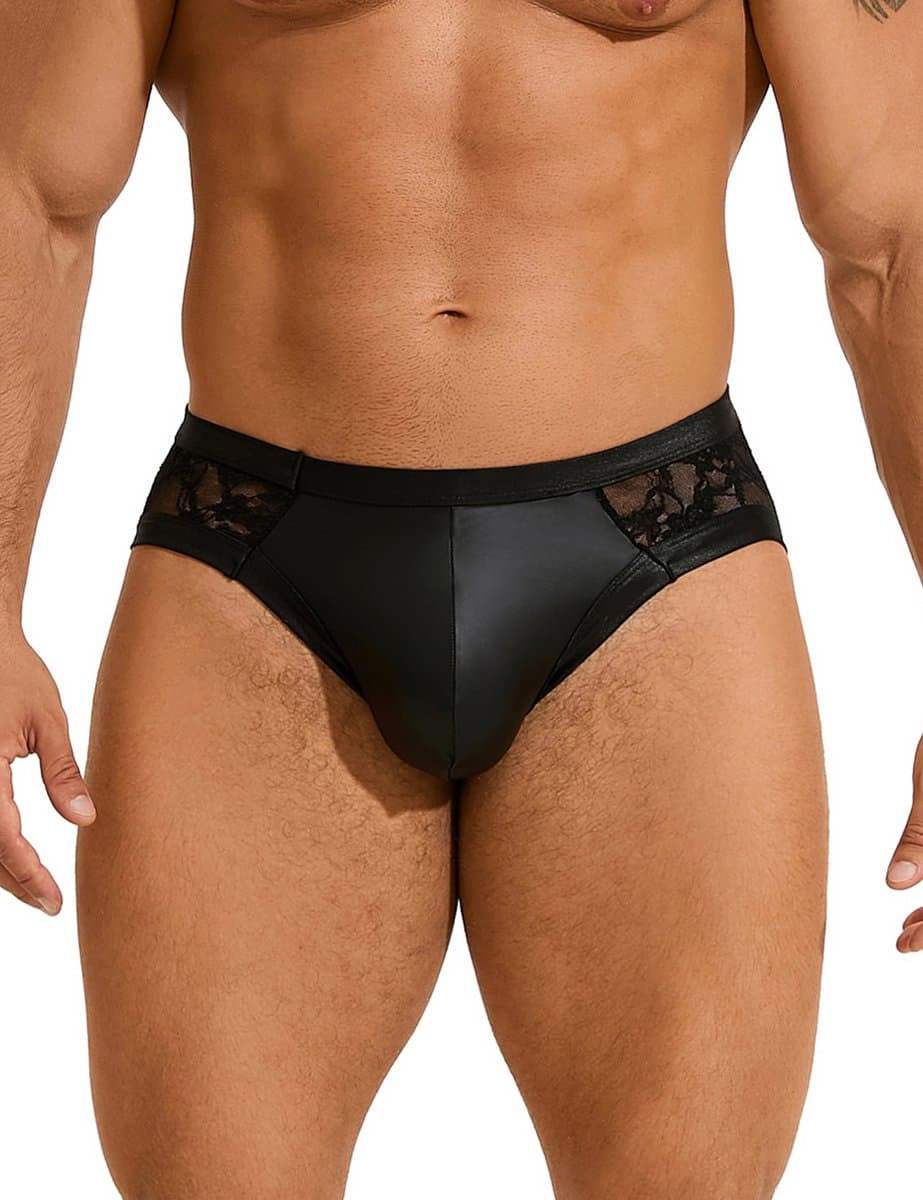Sexy heren slips van leer en kant - maat L/XL - BDSM - black sexy leather lace men underwear - clubwear heren latex ondergoed erotiek mannen — afbeelding 1