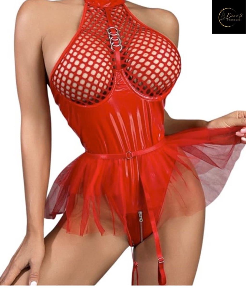 Sexy Lingerie Body – Erotisch jurkje – Rollenspel – Lak & Netstof – Latex & Datex – Kinky Mesh Bustier met Tule Rokje – Verleidelijk Fetish – Erotische Lingerie – BDSM – Lingerieset Dames – Sexy Lingerie – Festivallook – Bitch – Maat S, M, L, XL — afbeelding 1