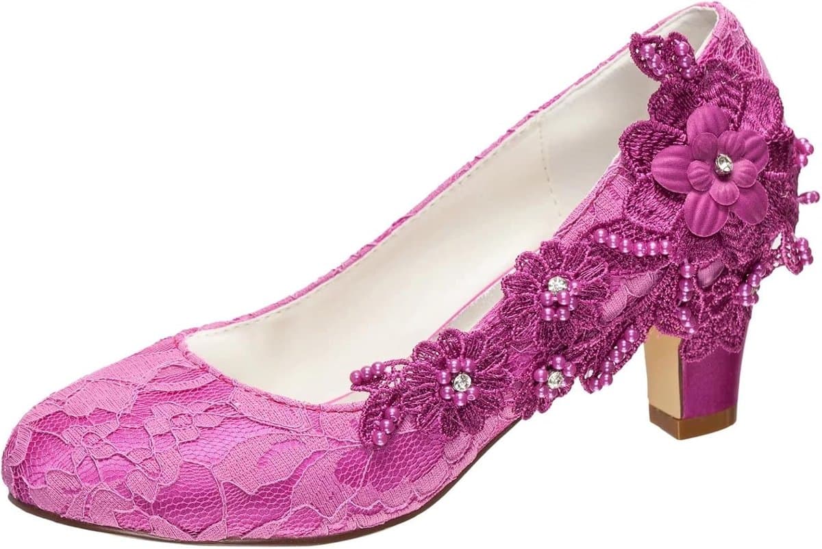 Elegante Bruidsschoenen Dames met Kant, Strass Bloem en Dikke Blokhak (6,5 cm) — afbeelding 1