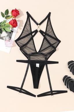 Zwarte Doorschijnende Mesh Body Teddylingerie met V-hals, Gouden Ring en Strappy Jarretelgordel Sexy lingerie | Sexy bodysuit dames | Erotische lingerie voor dames | Body lingerie | Bodies | kanten body | Sexy bodystocking | Sexy lingerie setje eroti — thumbnail 5