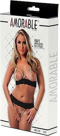 Amorable - BH Set Open Cups En Open Kruis Van Zwart Kant Met parels — thumbnail 4