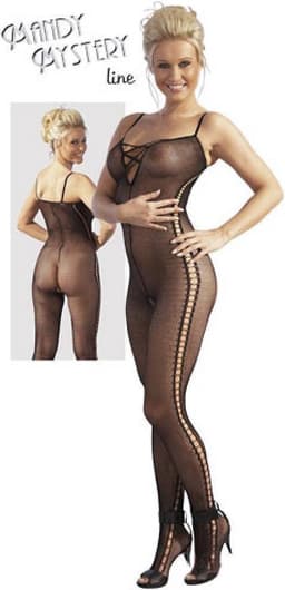 Mandy Mystery Lingerie –  Catsuit met Veter Ontwerp Licht transparant en Open Kruis – Maat S/M - Zwart — thumbnail 1