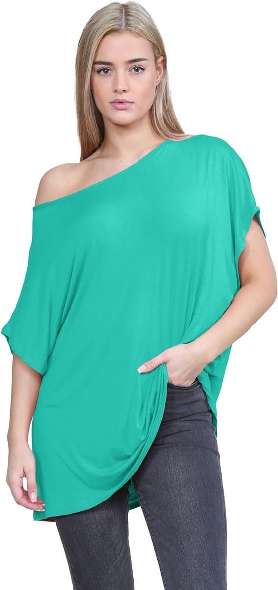 Dames Off-Shoulder Vleermuis T-shirt - Oversized Bardot Top — afbeelding 1