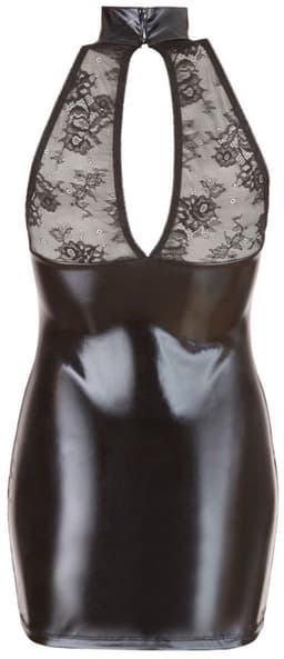 Cottelli Collection – Wetlook Mini Jurk met Kanten Bovenstuk en Knoop Hals voor een Sensuele Mix van Spanning en Comfort – Maat XL – Zwart — thumbnail 3