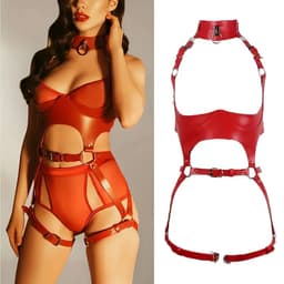 Sexy Lingerieset – PU Lederen Harnass Body – Lingerie Erotisch – Dames – Bondageset – Harnasset – Verstelbaar – Bondage – Erotische Lingerie Dames – Fetish – SM – Rood – Kinky Lingerie – BDSM – Wasteland – B.I.T.C.H. – Dare to Undress – One Size — thumbnail 4
