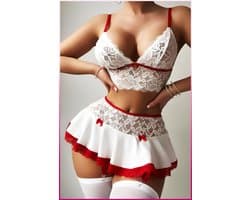 Purple-Daisy Lingeriesets voor vrouwen Smi Sheer Sexy Lingerie voor vrouwen Naughty Lace Minirok Meidenkostuum Nachthemd PDS0025-W - Maat L/XL - WIT
