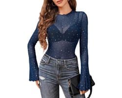 Dames Blouse met Lange Klokmouwen en Strass Steentjes - Glitter Shirt voor Feest en Club