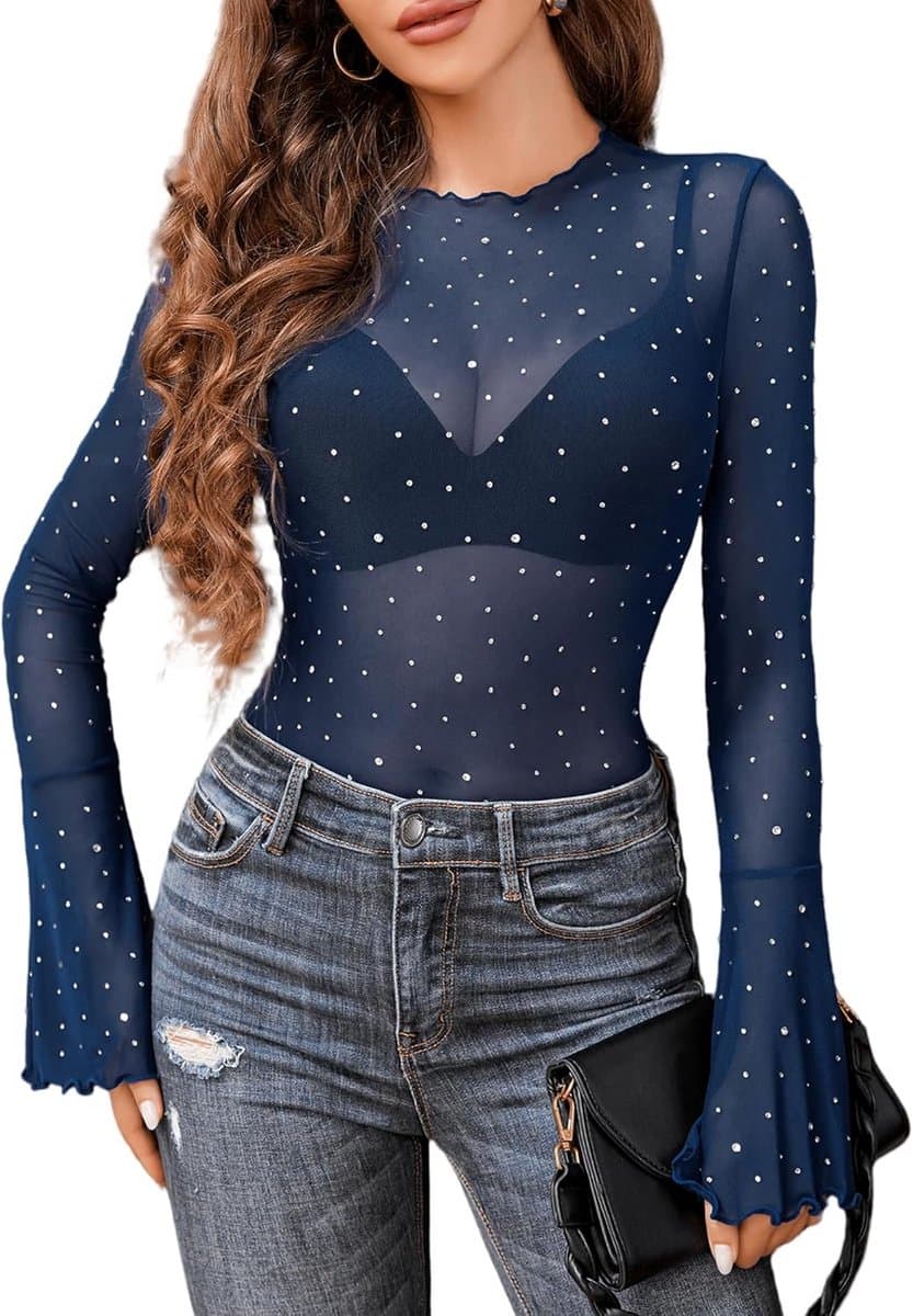 Dames Blouse met Lange Klokmouwen en Strass Steentjes - Glitter Shirt voor Feest en Club — afbeelding 1