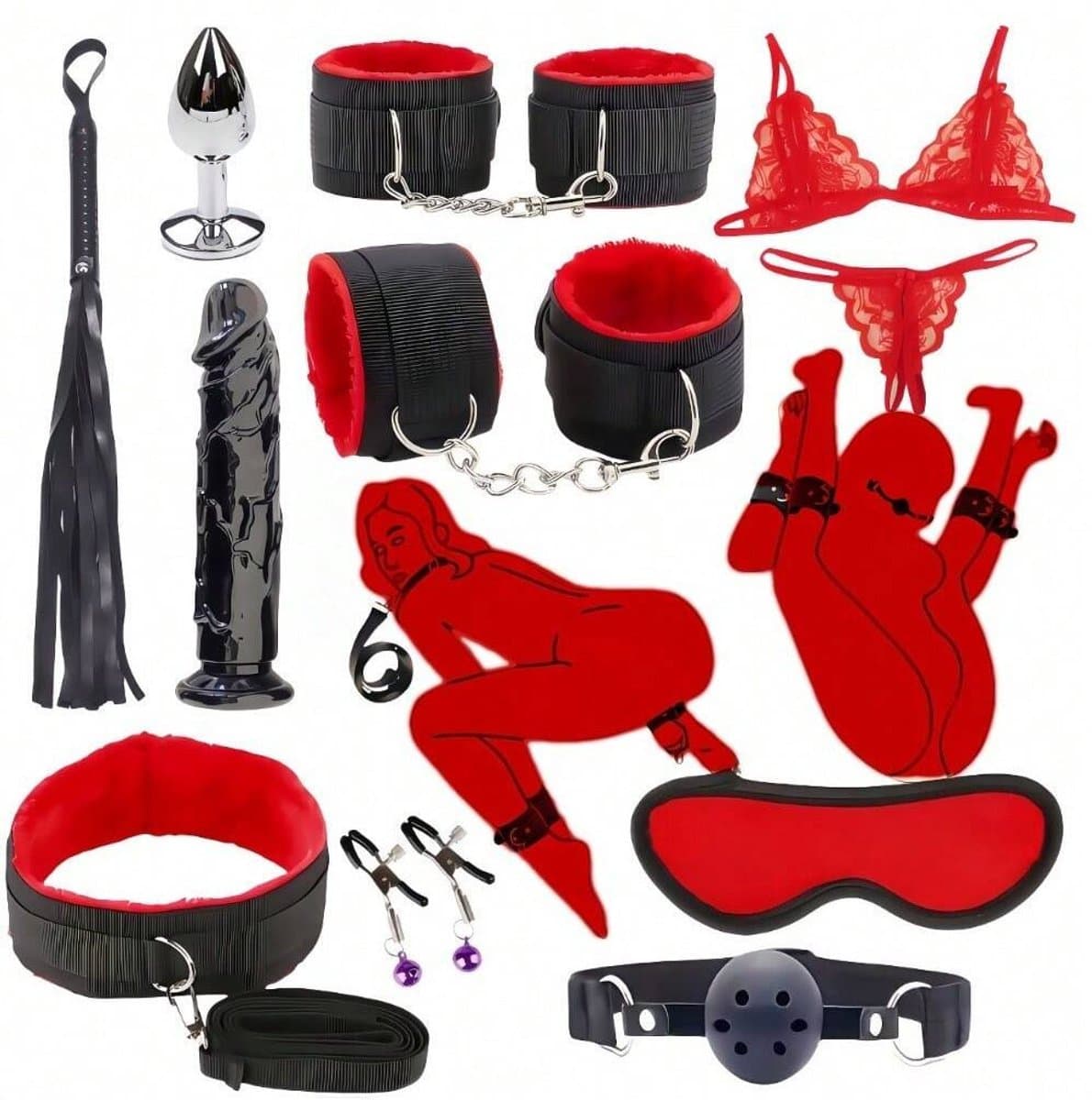 Daity BDSM Bondage Set – 10 Delig – Bedboeien & Handboeien Set met Blinddoek, Gag & Zweep – Verstelbaar & Comfortabel – Voor Koppels & Rollenspel – Rood — afbeelding 1