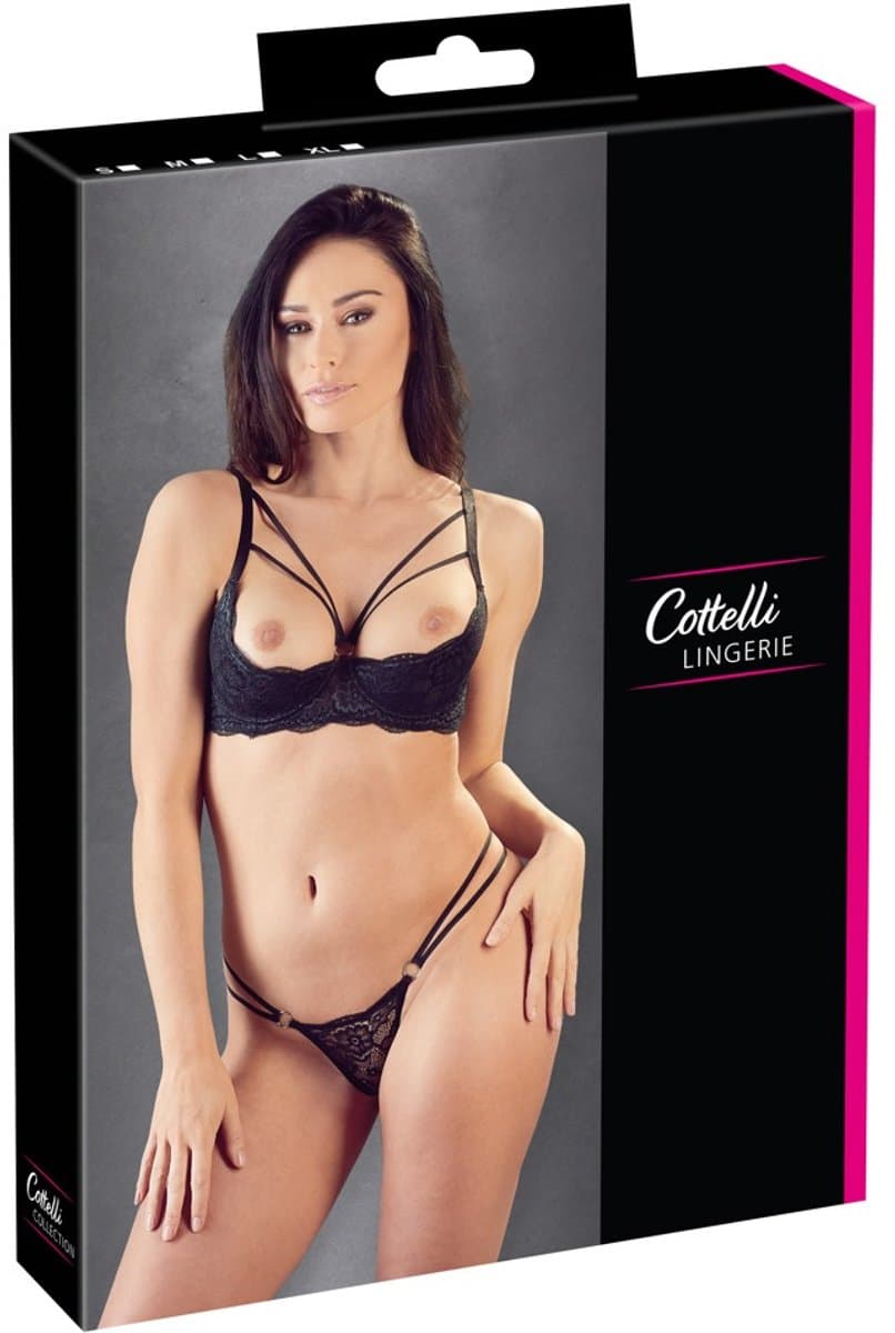 Cottelli Collection –  Lingerie Set met Dubbele Bandjes en Open Lift Beha – Maat 85B/L – Zwart — afbeelding 1