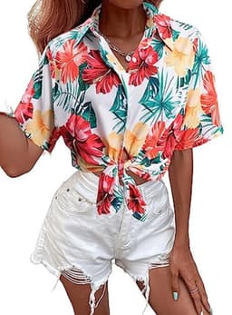 Vrouwen Hawaï-shirt met V-hals en Korte Mouwen - Zacht Trendy T-shirt met Tropische Bloemenprint — thumbnail 3