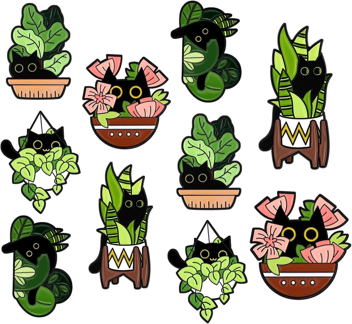 pin button reversspeld van email kat in potplant, creatieve emaille speldjes, grote set, cartoonplanten, anime, speld — afbeelding 1