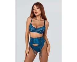 Luxe Lingerieset Dames – Sexy Lingerie Dames – Erotische Lingerie – 3-delige Jarretelset – Blauw Kant – Beugel BH – High Waist Lingerie – Boudoir Set – Chique – High End – Madam Hommard – Kinky Exclusief – Cadeau Set – Dare to Undress – Maten S, M, L