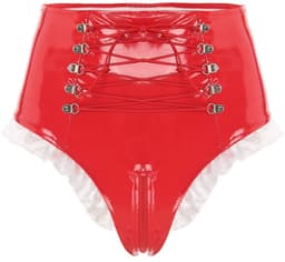 BamBella® Slip Onderbroek - Maat S/M - Erotische Sexy BDSM Lingerie Dames - Rood rits ondergoed Datex mix latex en stof wetlook open kruis — thumbnail 1
