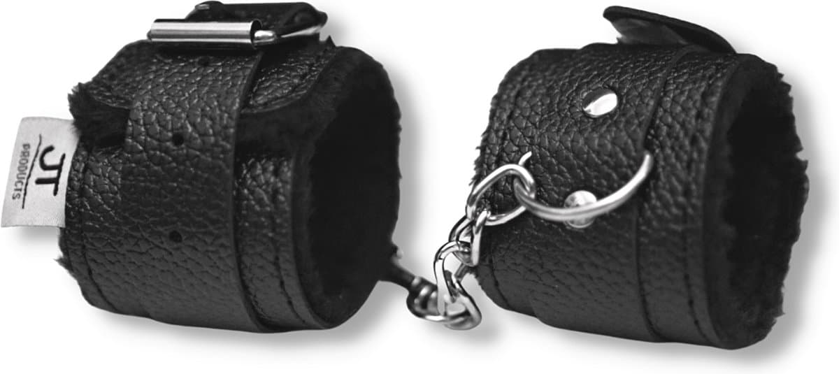 JT Products Bondage Handboeien Zwart Erotiek Set voor BDSM - Seksspeeltjes Set Voor Koppel - Lederen Handboeien & Metalen Ketting - Sex Toys Kado - Seks Cadeau Hem & Haar - Kinky Cadeautjes Volwassenen - Erotisch Verjaardag Cadeautje Mannen & Vrouw — afbeelding 1
