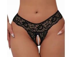 Sexy Kanten String met Parels & Open Kruis - Maat L - Zwarte Crotchless Erotische Lingerie met Stimulerende Parelketting