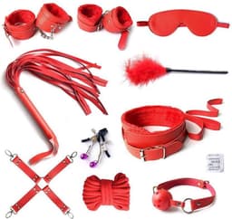 LOUZIR Bondageset | BDSM set | Bondage set | BDSM Toy set 10 delig | Luxe Sex Speeltjes Kit Met Tepelklemmen, halsband, handboeien, enkelboeien, bondage touw, masker en zweep & gag ball, bondageset ROOD — thumbnail 1