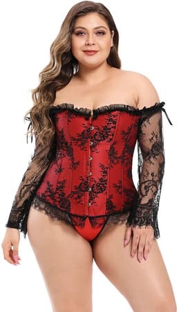 Corset Dames Rood Zwart Kant – Plus Size Lingerie – Lange Mouwen Sexy — thumbnail 3