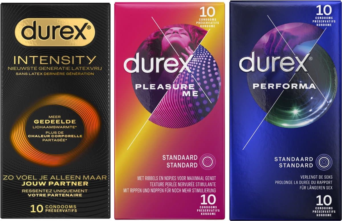 Durex - 30 stuks Condooms - Intensity 10st Nieuwste generatie ultradun, gedeelde lichaamswarmte - Pleasure Me met ribbels 10st - Performa vertragende effect 10st - Voordeelverpakking — afbeelding 1