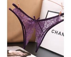 Sexy String met Open Kruis - Paars - Ontwerp met Kant - Erotisch Design met Strik - One Size String - Dames Onderbroek - Lingerie / Ondergoed