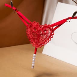 Sexy String met Parels - Kralen - Rood - Erotisch Design met en Hart op Achterkant - One Size String - Dames Onderbroek - Lingerie / Ondergoed — thumbnail 1