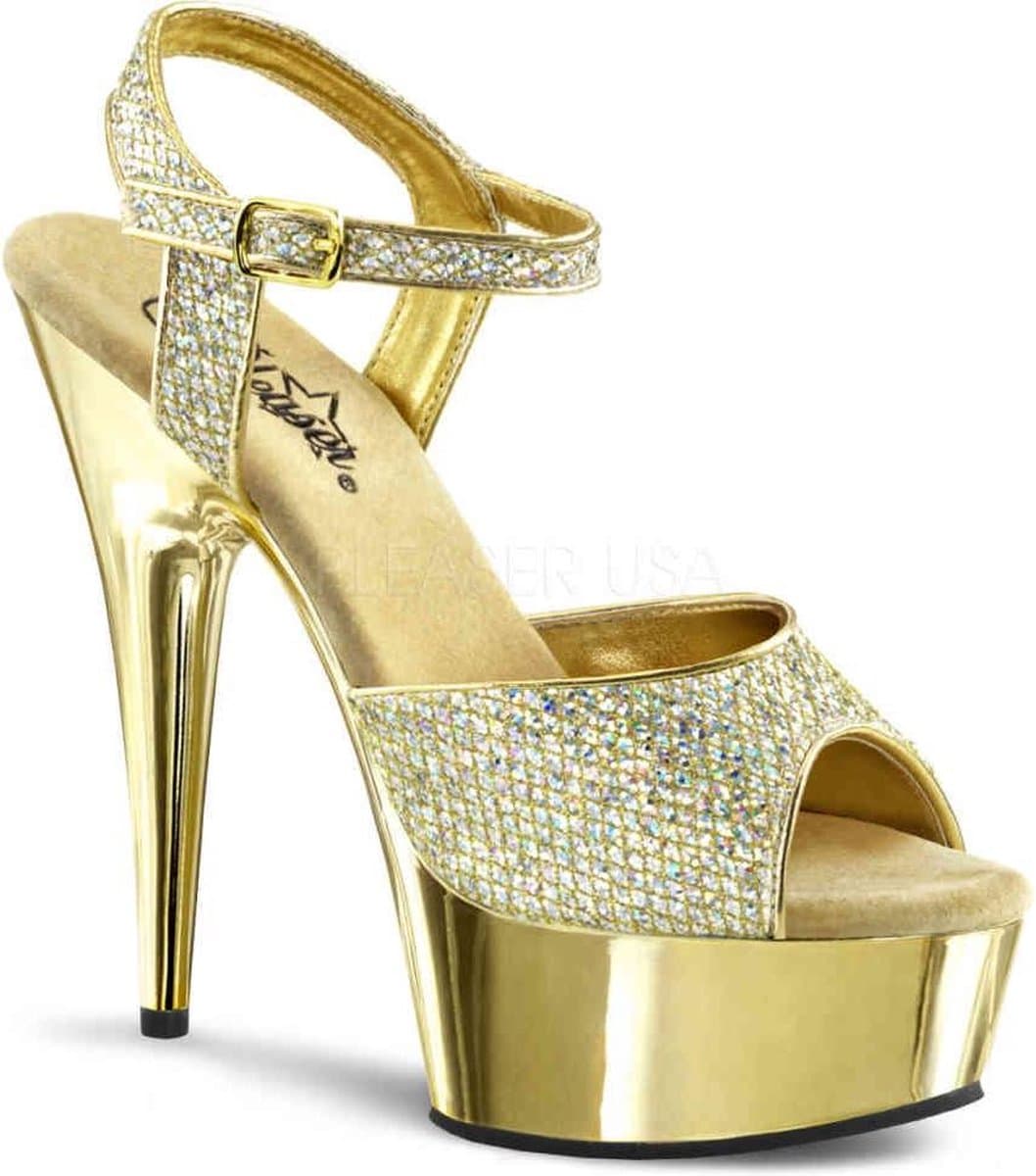 EU 38 = US 8 | DELIGHT-609G | 6 Heel, 1 3/4 Gold Chrome PF Ankle Strap Sandal — afbeelding 1