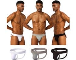 LekkerStout 3-Pack Jockstraps - Wit/Taupe/Zwart - Sexy Herenondergoed | L | ( LS184 )