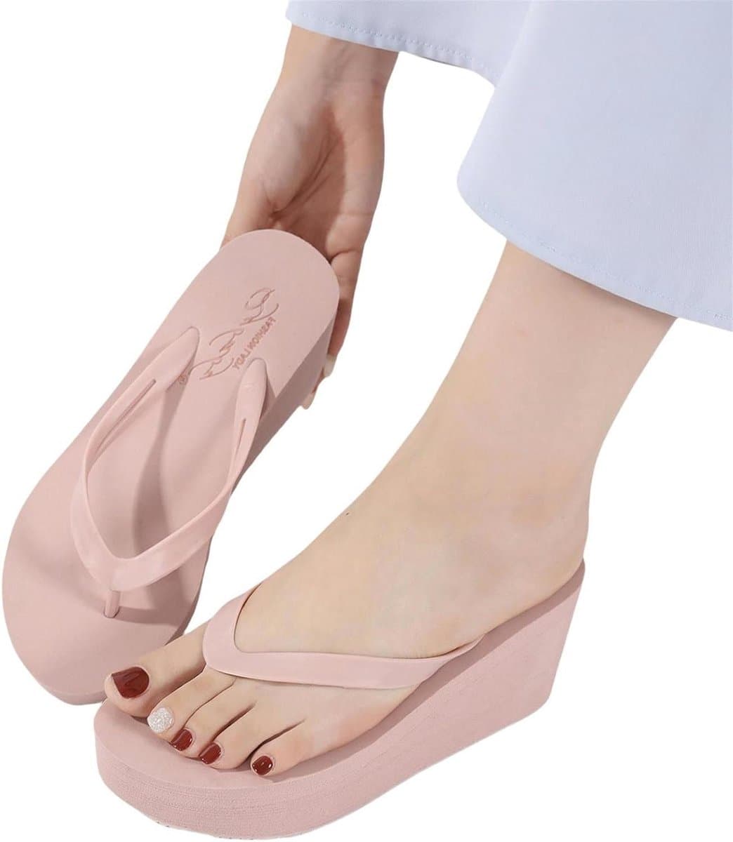 Sandalen Hoge Hak - Slippers Wedge - Zomerse Wandelingen - Anti-slip Zool - 7.5cm Hakhoogte - Roze — afbeelding 1