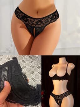 Luxe 2-Delige Kanten Lingerie Set Zwart – Open Cup 1/4 Push-up Beugel BH & Open Kruis String - Erotische Lingerie Maat M/L — thumbnail 4