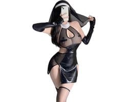 Sexy Nonnen Pakje - 3-Delig Non/Zuster Kostuum Rollenspel - Cosplay & Roleplay - Anime - Latex-look - Jurk, Sluier en Handschoenen - Zwart - XL