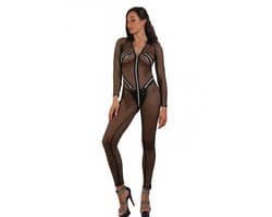 Fishnet catsuit, zwart met ritsen S/M
