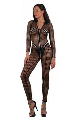 Fishnet catsuit, zwart met ritsen S/M — thumbnail 1