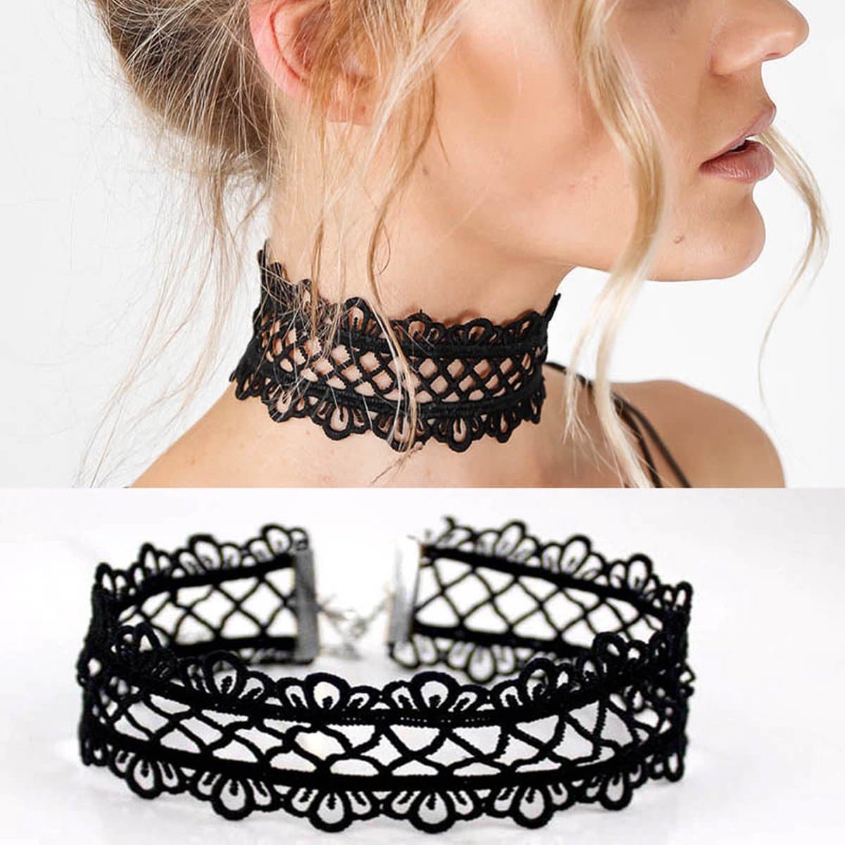 BukkitBow – Choker Ketting / Halsband – Gothic Sieraden – Textiel – Bloem Design – Unisex - Zwart — afbeelding 1