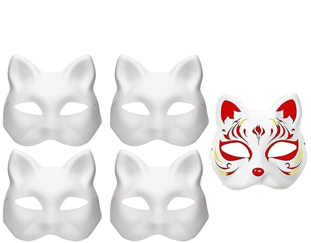 Set van 5 blanco kattenmaskers — Feest, verkleedfeest, orkmasker, vossenmasker — Witte doe-het-zelf beschilderde maskers — Handgemaakte papieren maskers — Halloween- en cosplaymaskers — afbeelding 1