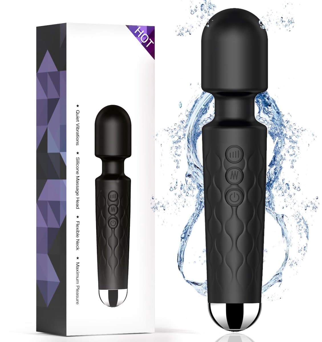 Professionele Wand Massager - 20cm - Krachtige Vibrator voor Lichaam & Ontspanning - 20 Patronen & 8 Snelheden - Medische Siliconen - Waterproof - USB Oplaadbaar - Zwart — afbeelding 1