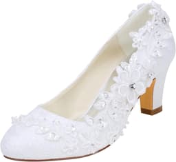 Elegante Bruidsschoenen Dames met Kant, Strass Bloem en Dikke Blokhak (6,5 cm) — thumbnail 3