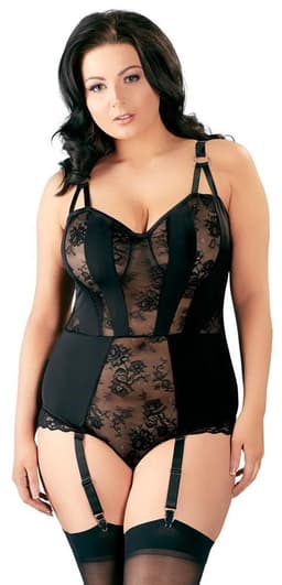 Cottelli Plus Size – Jarretel Body Lingerie Set met Transparante Delen en Verticale Stukken Vrouwelijk en Uitdagend – Maat 85E/L – Zwart — thumbnail 1