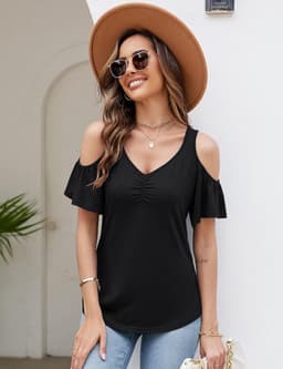 Dames Blouse met Blote Schouders en Ruffle Details - Zomer T-shirt met V-hals — thumbnail 5