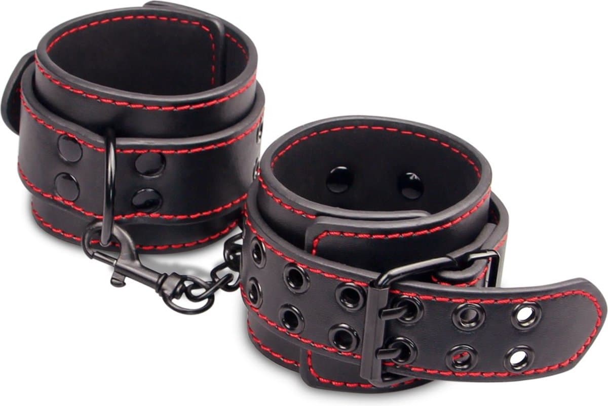 Lovetoy - Bondage Handboeien Zwart met Rood Leer Look - Kunstleer — afbeelding 1