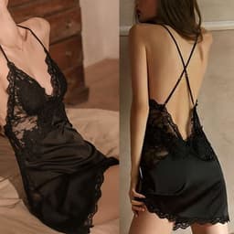 Dames Satijnen Lingerieset - Sexy Nachtkleding - Kant Nachtjurk met T-string - Voor Slaap & Verleiding - Nachtmode - Volwassenen - Zwart - XL - 2 stuks — thumbnail 2