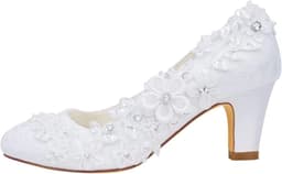 Elegante Bruidsschoenen Dames met Kant, Strass Bloem en Dikke Blokhak (6,5 cm) — thumbnail 5