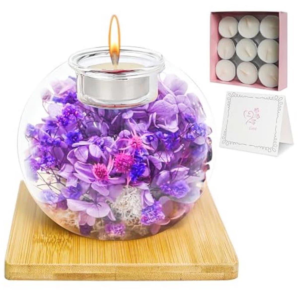 Queltrix Eeuwige bloem in glas & geurkaarsenset, geconserveerde bloemen, romantisch cadeau, geschenkdoos met 18 kaarsen, cadeauset voor Moederdag, verjaardag, jubileum, Kerstmis (paars) — afbeelding 1