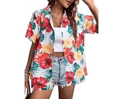 Vrouwen Hawaï-shirt met V-hals en Korte Mouwen - Zacht Trendy T-shirt met Tropische Bloemenprint