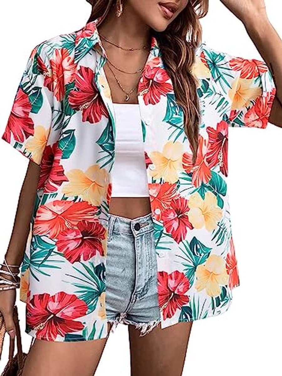 Vrouwen Hawaï-shirt met V-hals en Korte Mouwen - Zacht Trendy T-shirt met Tropische Bloemenprint — afbeelding 1