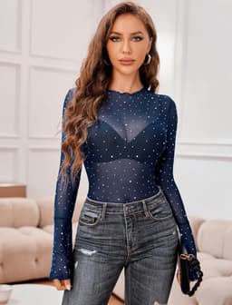 Dames Blouse met Lange Klokmouwen en Strass Steentjes - Glitter Shirt voor Feest en Club — thumbnail 3