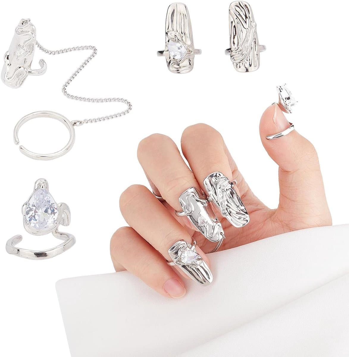 Allecta - Zilveren Punk Vingernagel Klauw Ringen - Strass - Verstelbaar - Open Nagelringen - Handdecoratie - Cosplay Kostuum Decoratie — afbeelding 1
