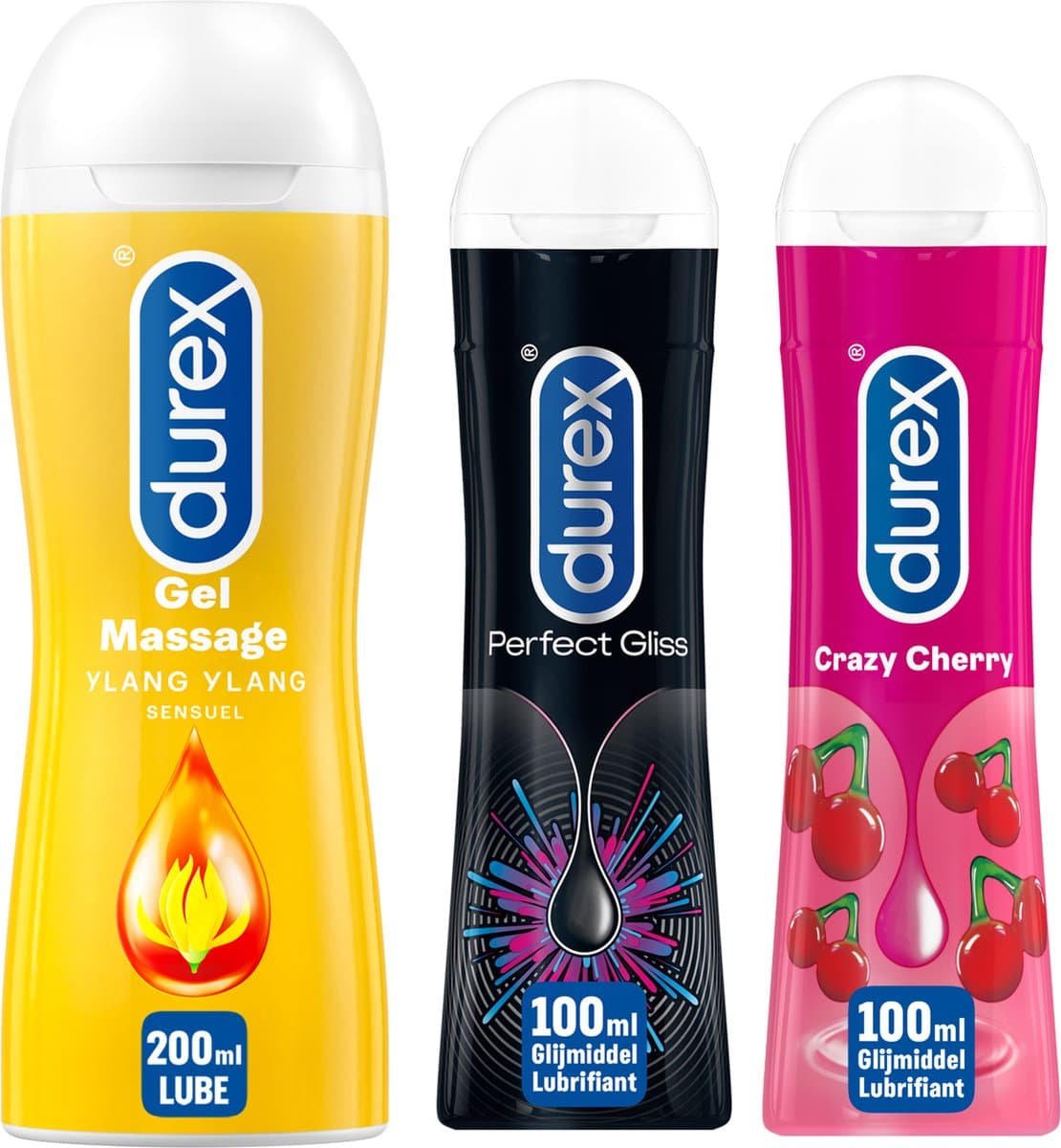 Durex - 3 Glijmiddelen - Play Massage 2/1 Sensitive 200ML - Perfect Gel Gliss 100ML - Crazy Cherry waterbasis 100ML — afbeelding 1