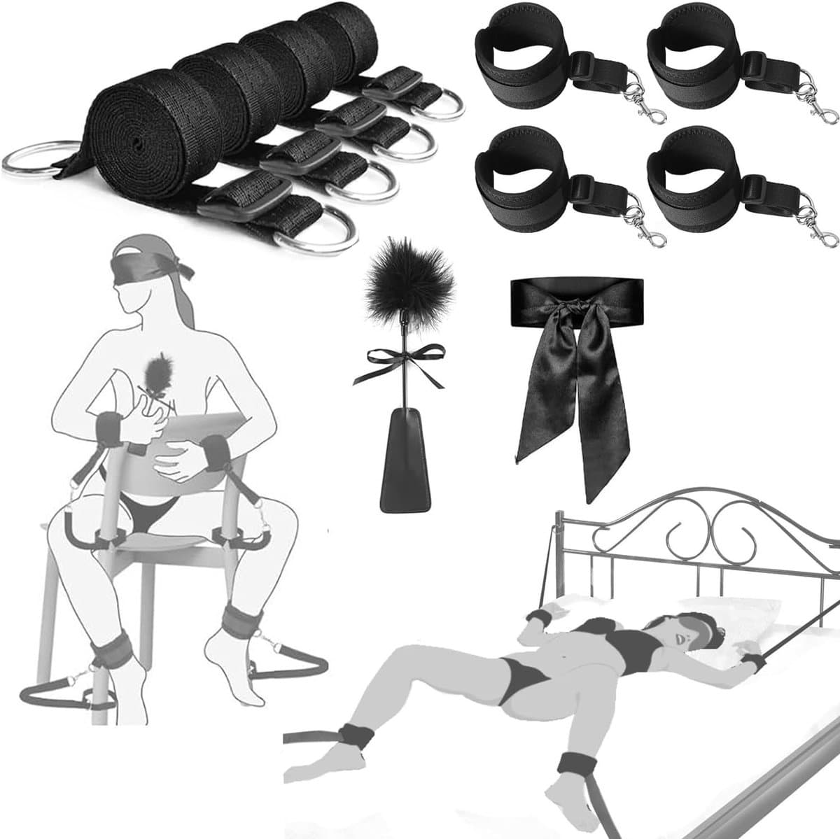 DOWO® - BDSM Bed Bondage Set - 10 Delig - SM Handboeien - Bedboeien - Enkelboeien - Springzweep - Blinddoek - Sex Toys voor Koppels - Seksspeeltjes voor mannen en vrouwen — afbeelding 1
