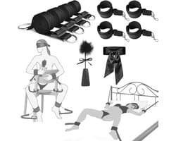 DOWO® - BDSM Bed Bondage Set - 10 Delig - SM Handboeien - Bedboeien - Enkelboeien - Springzweep - Blinddoek - Sex Toys voor Koppels - Seksspeeltjes voor mannen en vrouwen